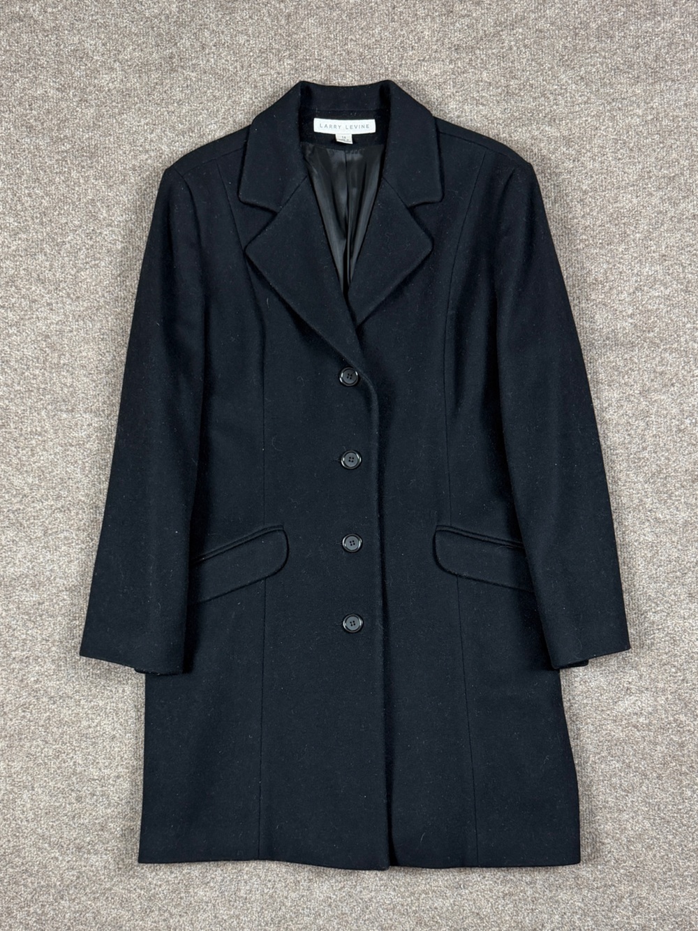 Vintage Larry Levine Black Mid Length Single Breasted Wool Coat Women’s 14 Large